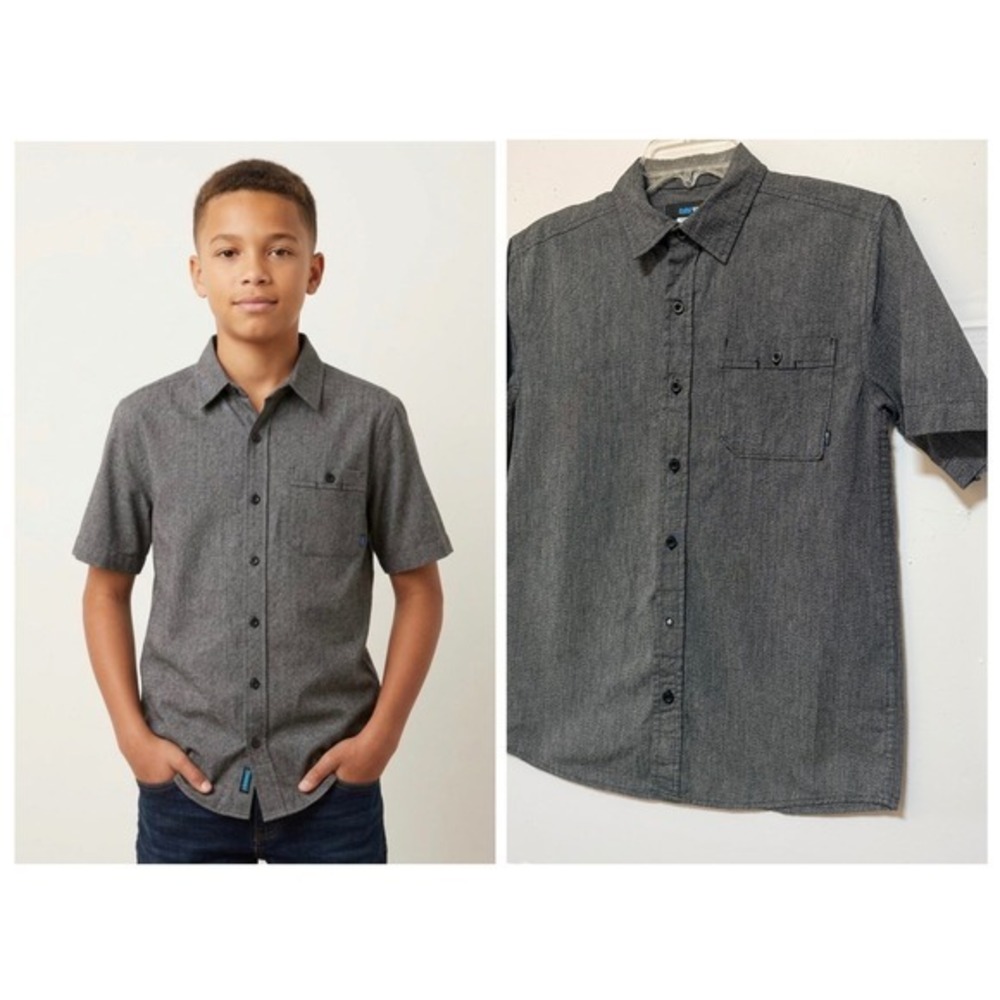 Amplify Button Down Shirt Boy L 14/16 Grey Short Sleeve Cotton Top Skater Grunge